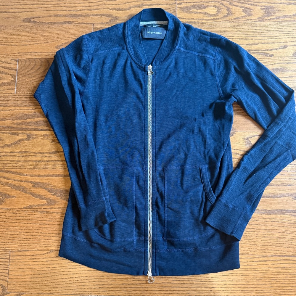 Wings + Horns 1x1 Slub Zip Up Bomber Sweater - Core Navy - Medium